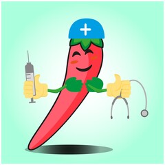 Cute mexican chili doctor cartoon face character with hat, sthethoskop and syringe design