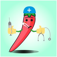 Cute mexican chili doctor cartoon face character with hat, sthethoskop and syringe design