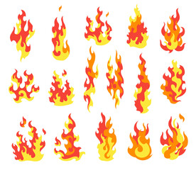 Set fire flames. Cartoon collection of abstract stylized fires. Flaming illustration. Comic dangerous flame fires isolated vector. Hot painting