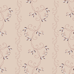 Simple vector floral seamless pattern. Subtle ornament with small leaves, curved branches, curly twigs. Abstract vintage background in pastel colors, beige and brown. Liberty style millefleurs design