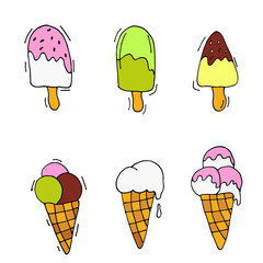 Vector hand drawn colorful ice cream collection of icons or stickers