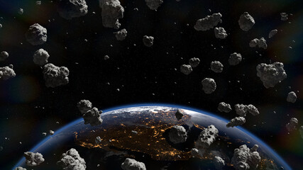 asteroids approaching planet Earth, meteorites in orbit before impact © dottedyeti