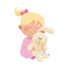 Baby Girl Sitting on the Floor and Hugging Fluffy Toy Hare Vector Illustration