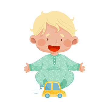 Baby Boy Sitting on the Floor with Wind up Toy Car Vector Illustration