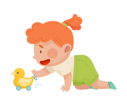 Baby Girl Crawling on the Floor with Wind up Toy Duck Vector Illustration