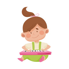 Baby Girl Sitting on the Floor Pressing Buttons on Toy Keyboard Vector Illustration