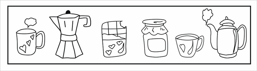 A set of cute Doodle pictures about tea and coffee. A coffee pot, a teapot, two mugs, a chocolate bar, a jar of jam. Isolated images on a white background.