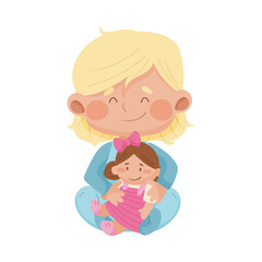 Baby Girl Sitting on the Floor and Hugging Doll Vector Illustration