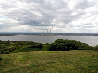 Landscape with the lake and thermal power plant