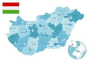 Fototapeta premium Hungary administrative blue-green map with country flag and location on a globe. Vector illustration