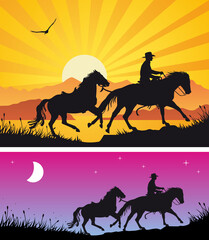 Galloping cowboy leading saddled horse at sunset - Wild West silhouette vector backgrounds