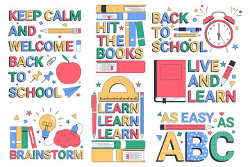 Back to school. Learn. Set of illustrations with typographic elements. Vector illustration