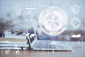 Double exposure of computer and technology theme hud. Concept of innovation.