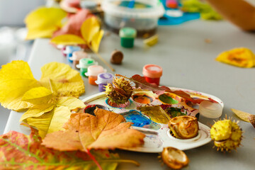 Autumn colorful background with leaves, gouache, arts