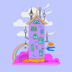 Vector illustration of a cartoon brick house with a yellow roof on a background of pink grass and sky with clouds