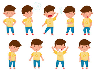 Little Boy Standing with Smile and Thoughtful Expression on His Face Vector Set