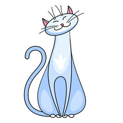 Kitty smugly smiles. Sticker isolated on white background, vector illustration