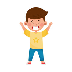 Dark-haired Boy Standing and Waving Hand Vector Illustration