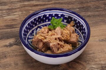 Canned tuna fish in the bowl