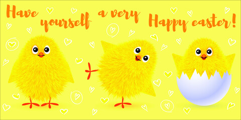 A small fluffy yellow chicken is smiling. Vector illustration of a happy Easter greeting card