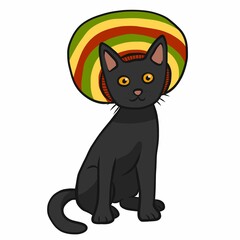 Black cat wear colorful vintage hat cartoon vector illustration