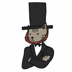 Tabby cat wear long hat and suit cartoon vector illustration