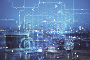 Multi exposure of computer on background and technology theme drawing. Concept of innovation.