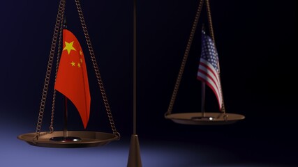 Flags of China and the USA on the bowls of the balance scales on a blue background. 3d rendering