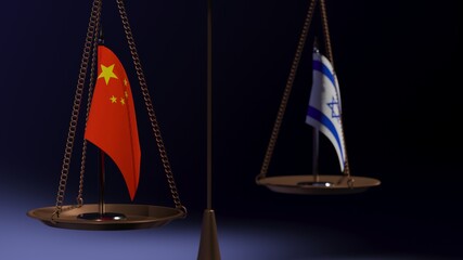 Flags of China and Israel on the bowls of the balance scales on a blue background. 3d rendering