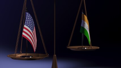 Flags USA and India on the bowls of the balance scales on a blue background. 3d rendering