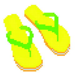 Fototapeta premium Pixel art icon. The icon of the pixels for a summer theme. Sea tour. Summer beach flip-flops in yellow with green inserts in pixel art style, isolated on white background.