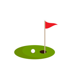 golf ball on green grass and hole with red flag. Isolated on white background.