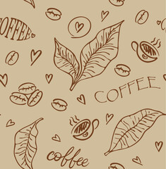Seamless background with branch of coffee and coffee beans and cups and hearts and hand lettering "coffee". Hand drawn coffee background vector illustration in sketch style.