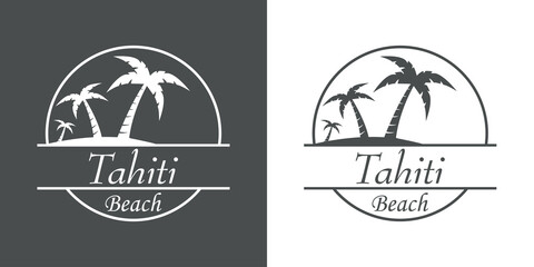 Símbolo destino de vacaciones. Icono plano texto Tahiti Beach en círculo con playa y palmeras en fondo gris y fondo blanco
