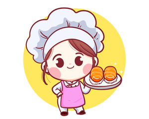 Japanese chef cartoon with cute sushi art illustration logo. Premium Vector