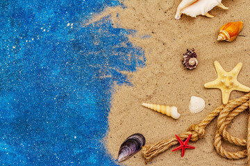 Fototapeta na wymiar Seashells summer background. Lots of different seashells piled together, sea star