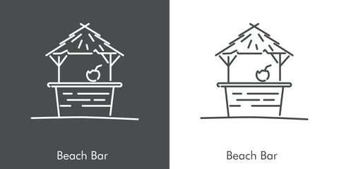 Concepto de vacaciones y viajes. Icono plano lineal choza como bar de playa de madera y palma en fondo gris y fondo blanco