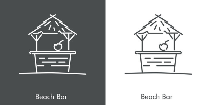 Concepto de vacaciones y viajes. Icono plano lineal choza como bar de playa de madera y palma en fondo gris y fondo blanco