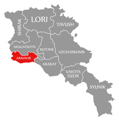 Fototapeta na wymiar Armavir red highlighted in map of Armenia