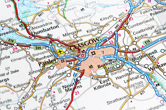 Glasgow city road map area. Closeup macro view
