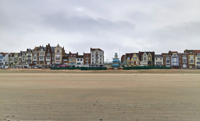 Some of the Houses, Restaurants and Shops now overlooking Dunkirk Beach in Northern France, on a windy and overcast Autumn day.