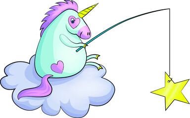 Cute hand-drawn colorful unicorn sits on a cloud and catches the stars on a fishing rod. Vector illustration for greeting card, print fabric baby clothes, badge or icon.