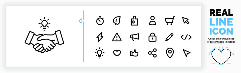 Editable real line icon set of two business people closing a deal