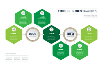 Horizontal Timeline or infographics with seven parts. Development of the eco business. Time line or Business presentation concept with 7 options and icons. Vector.