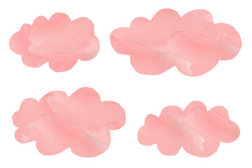 Set of colorful watercolor pink clouds hand painted isolated on white background 