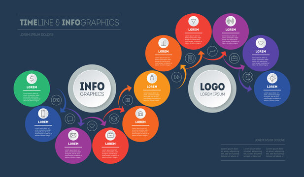 Step-by-step path to success. Business presentation or info graphics with 11 steps. Technological or education process. Template of Annual report is segmented into eleven parts.