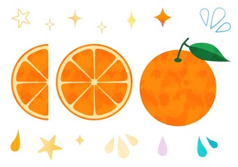 水彩風のオレンジ、蜜柑、キラキラや水滴のイラストセット