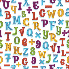 Vector seamless alphabet background pattern in bright vintage colors. Suitable for posters and prints, wallpaper, textiles, scrap-booking, gift wrap and packaging. See my portfolio for JPEG version.
