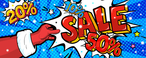 Santa Claus hand in red suit and white mitten showing word bubble with Xmas Sale Message