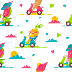 Cute multicolored pattern with fun summer fruits and ice cream ride on a scooters on white background. Suitable for holiday packaging, printing on children's clothing, invitation cards, etc.